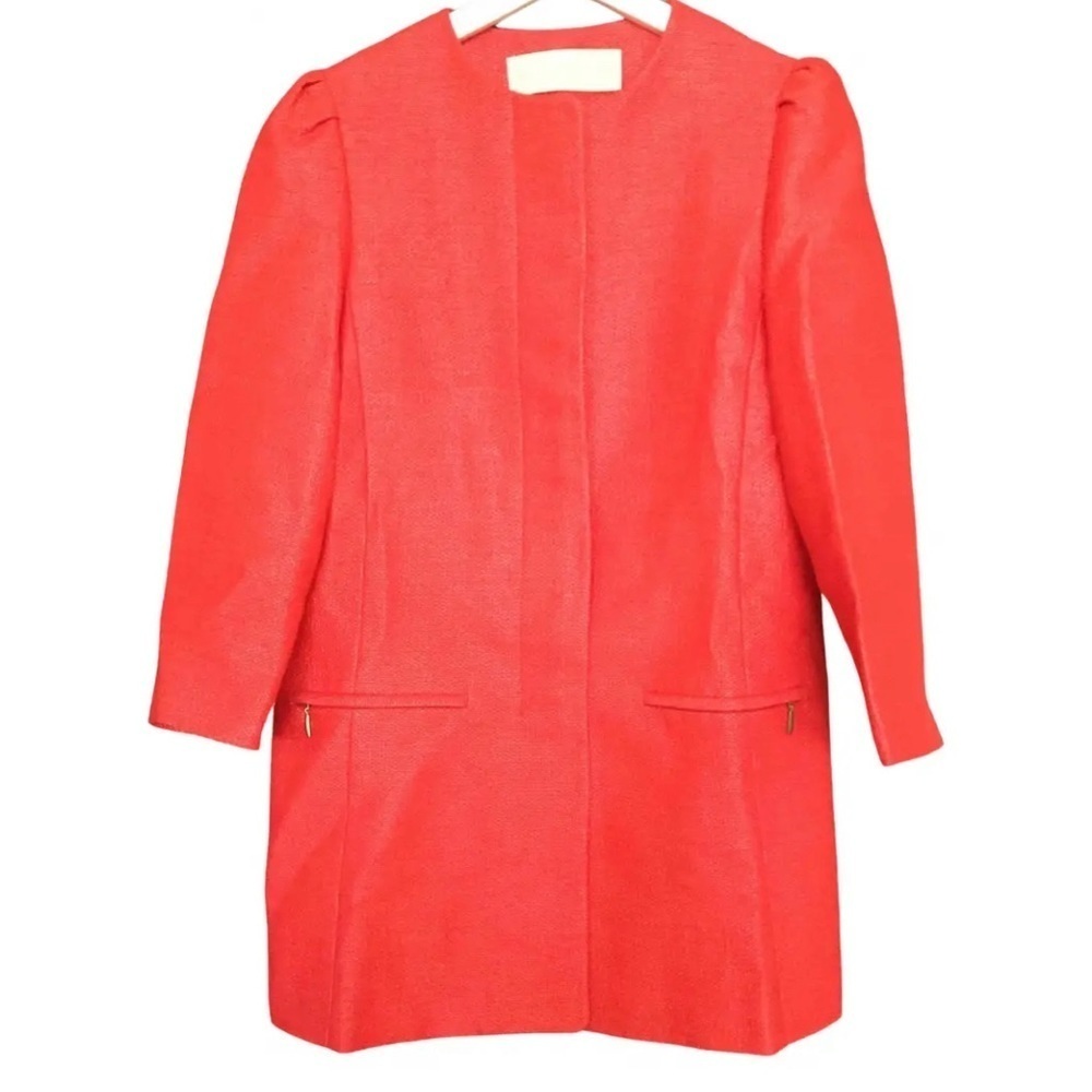 Zara Basic Woman’s Classic Tweed Longline Button Down Jacket Coral‎ Red